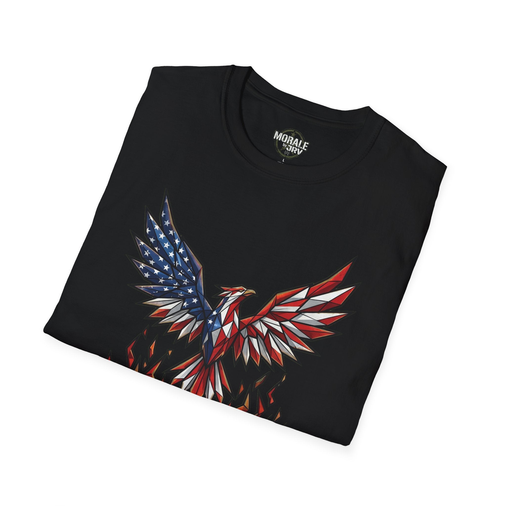 American Flag Phoenix Unbroken T-Shirt, black tee with patriotic eagle wing graphic