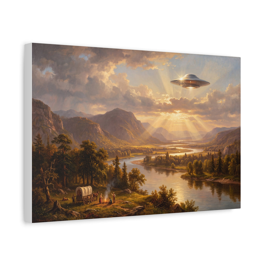 Framed-style pastoral river landscape canvas with mountains, trees, and a glowing UFO