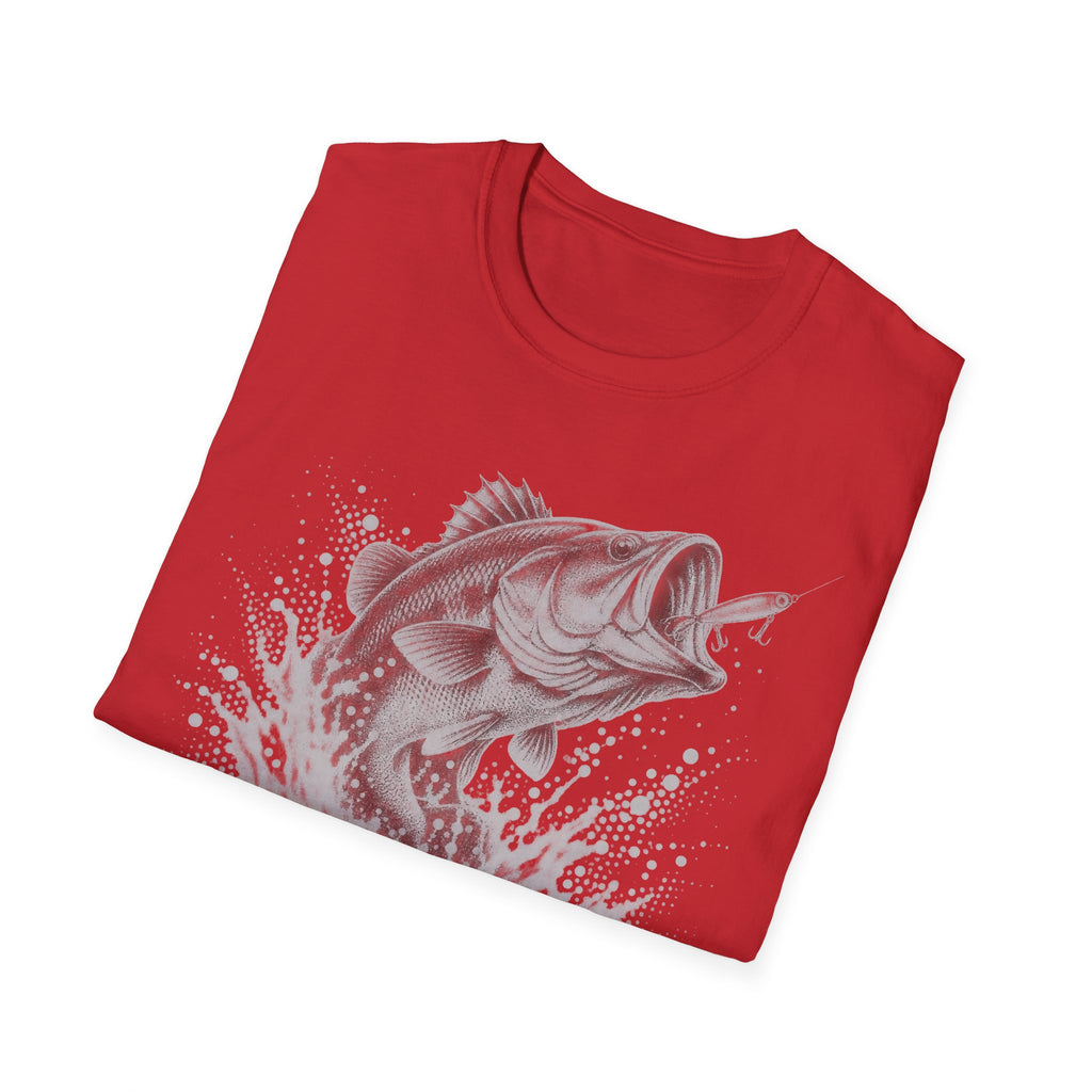 Red crew-neck bass fishing T-shirt with gray fish and splatter graphic