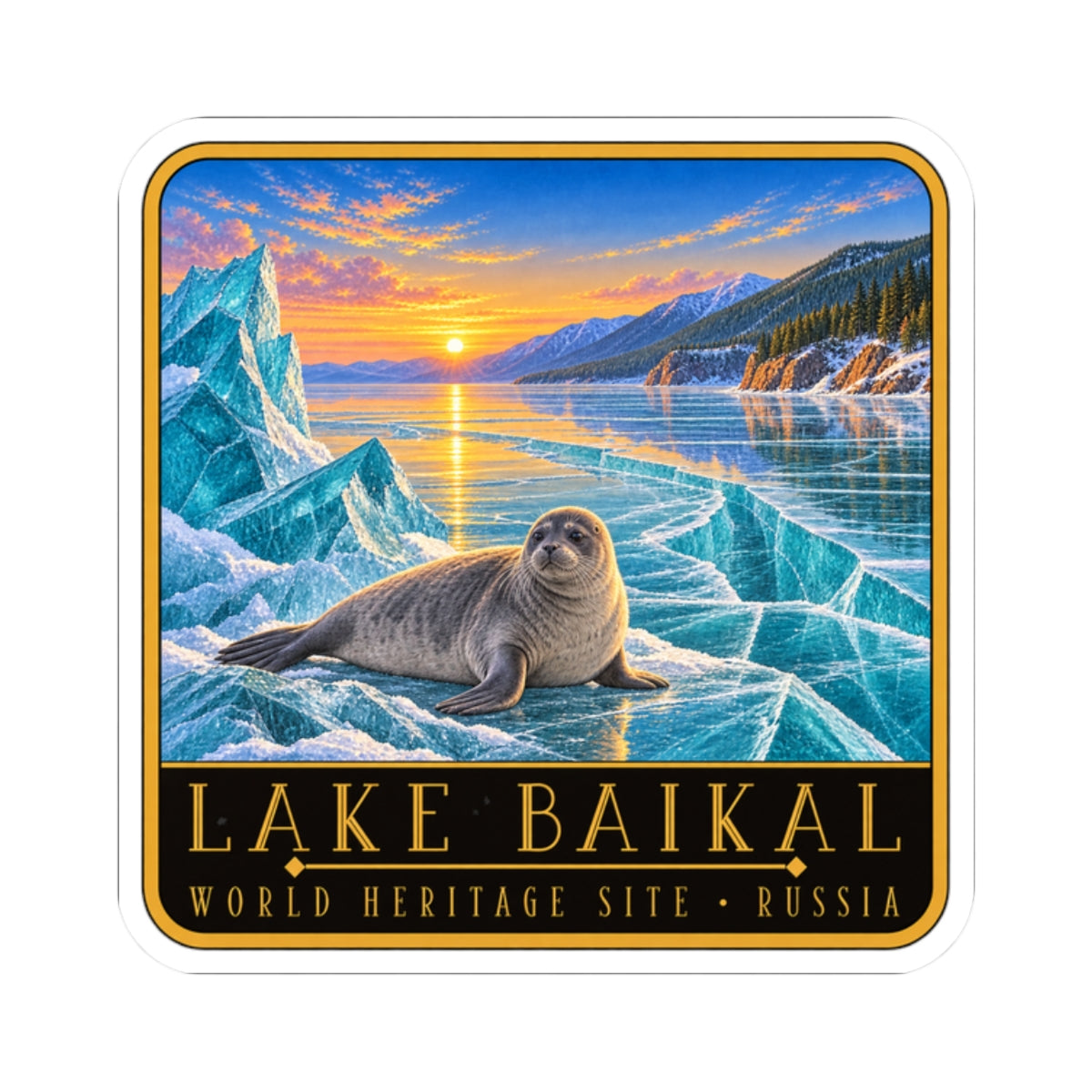 Vinyl travel sticker with seal on icy water, sunset mountains, and 'Lake Baikal' caption