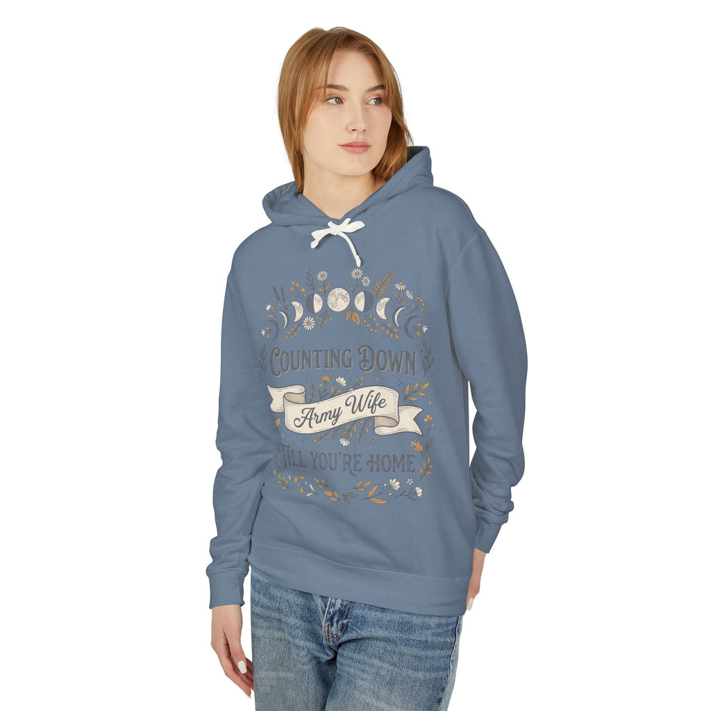 Blue denim hoodie with front text graphic and white drawstring, long sleeves.