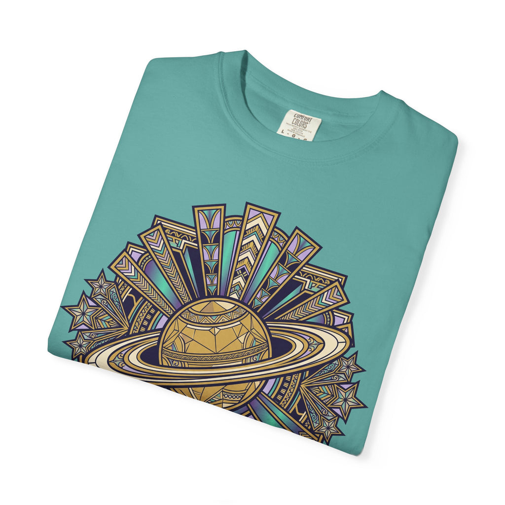 Teal T-shirt with Celestial Harmony planet graphic front detail