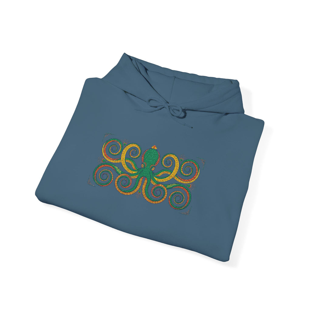 Blue pullover hoodie with octopus spiral graphic on front