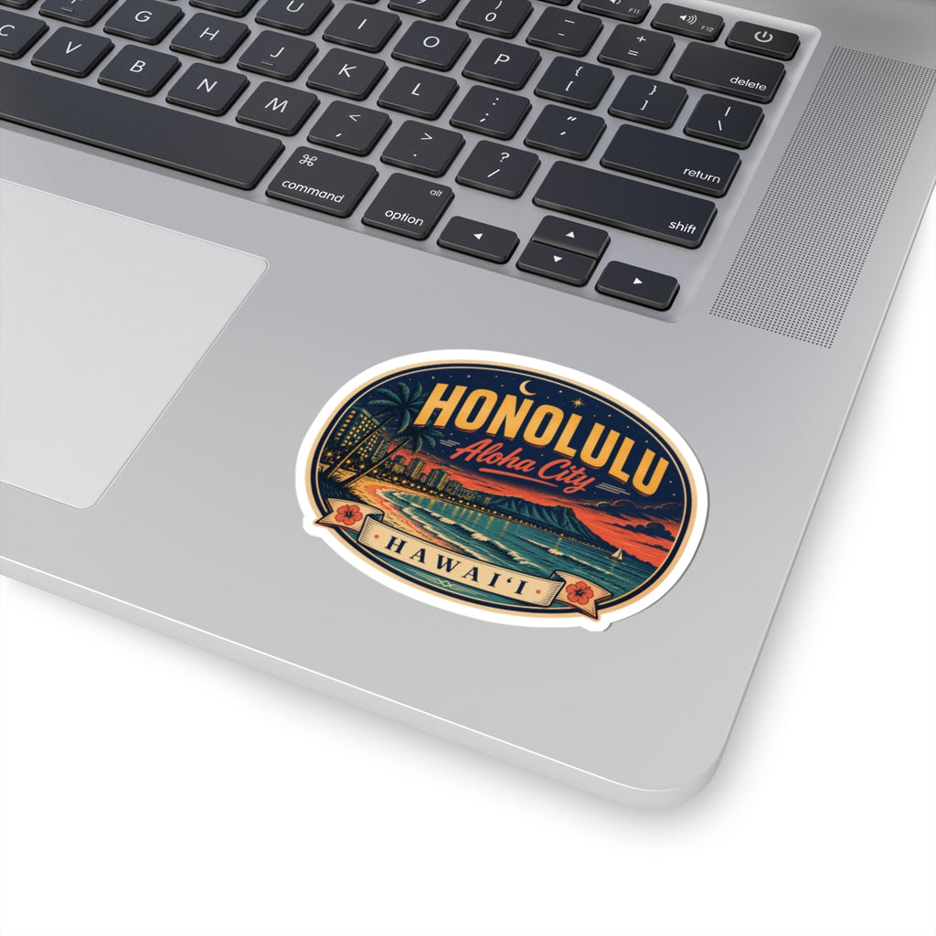Honolulu luggage tag sticker on laptop, oval beach design with 'Hawai‘i' banner