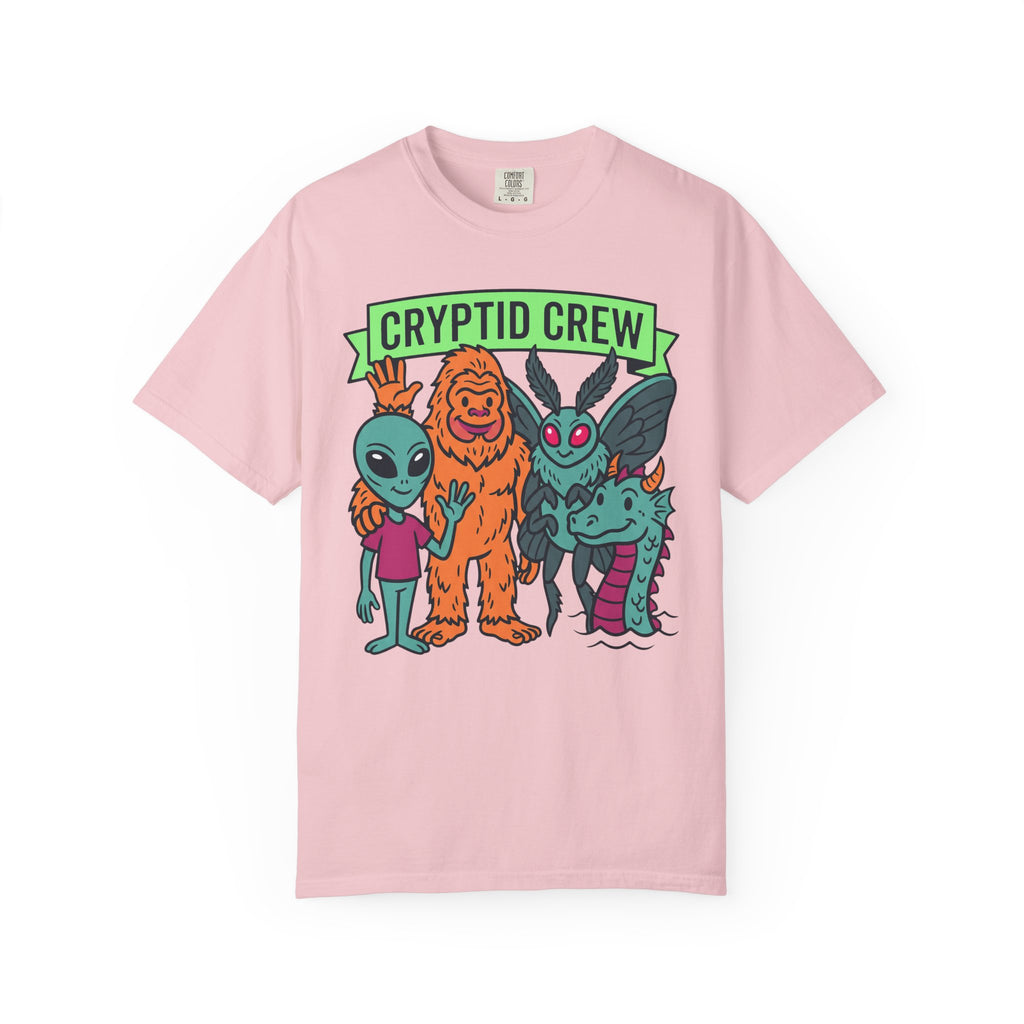 Pink Cryptid Crew T-shirt with green CRYPTID CREW banner and four cryptids