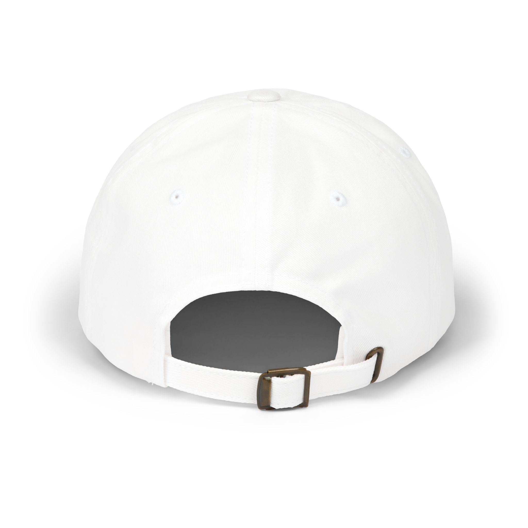 White dad baseball cap with side strap and curved brim opening at front
