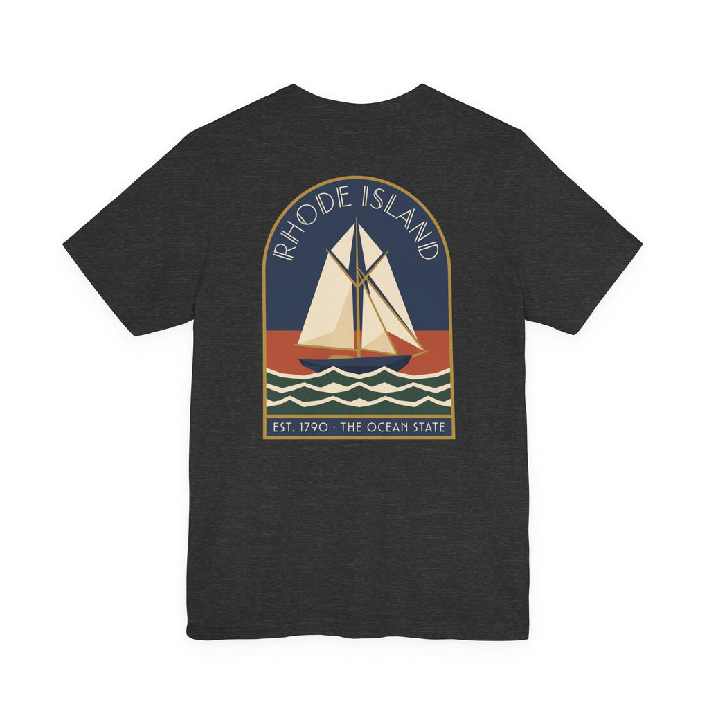 Dark charcoal T-shirt with large back sailboat graphic in a bordered rectangle