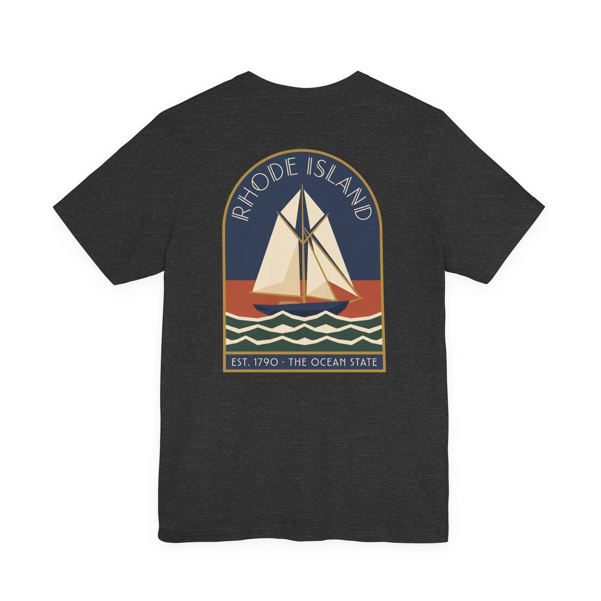 Dark charcoal T-shirt with large back sailboat graphic in a bordered rectangle
