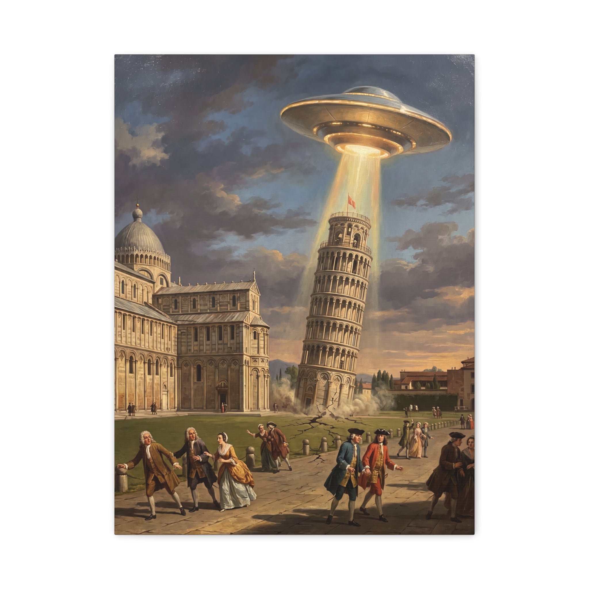 UFO abduction canvas print featuring glowing saucer hovering over Leaning Tower street