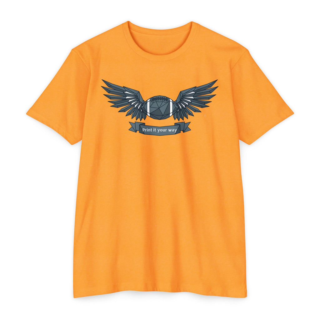 Orange short-sleeve T-shirt with winged camera emblem graphic