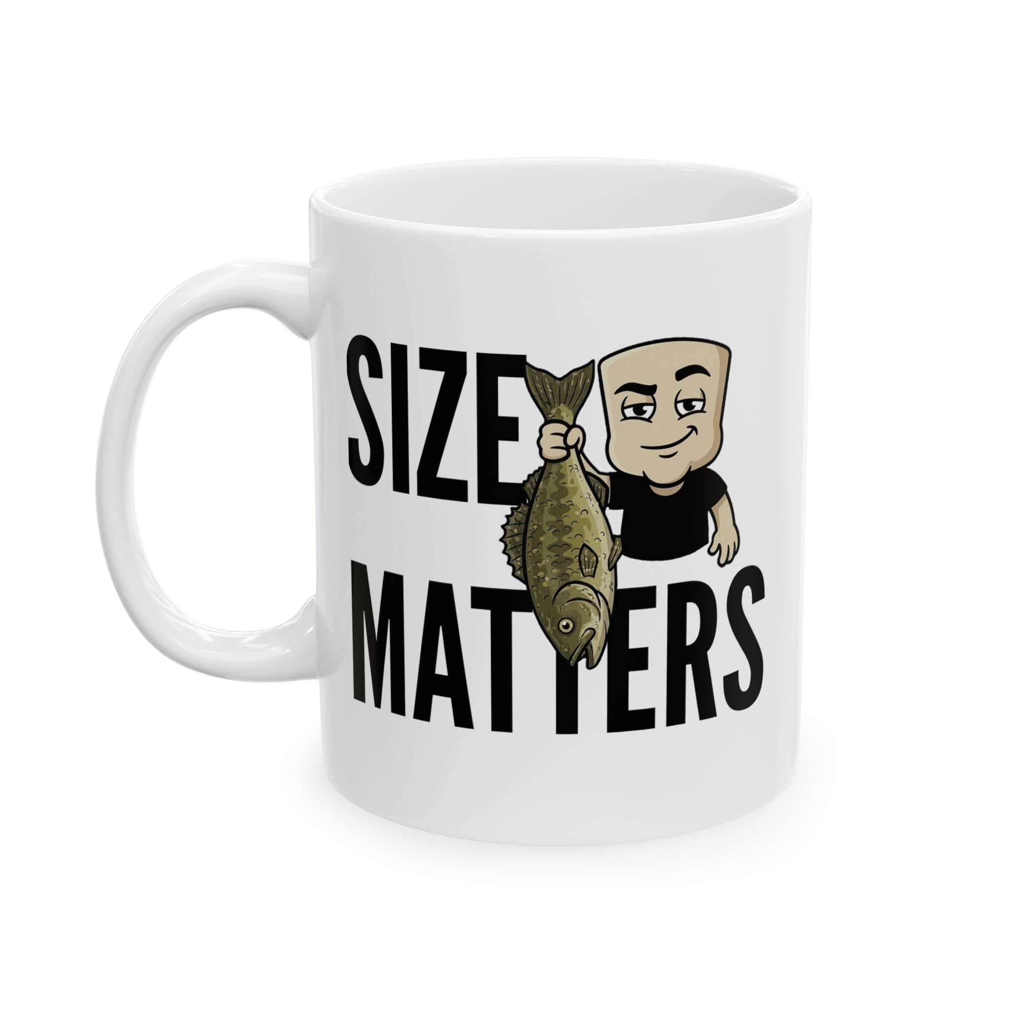 White ceramic mug with 'SIZE MATTERS' cartoon fisherman and fish graphic