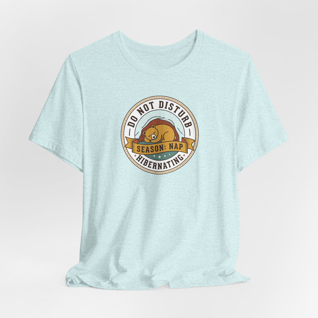 Do Not Disturb hibernating bear T-shirt, light blue with circular bear graphic on chest