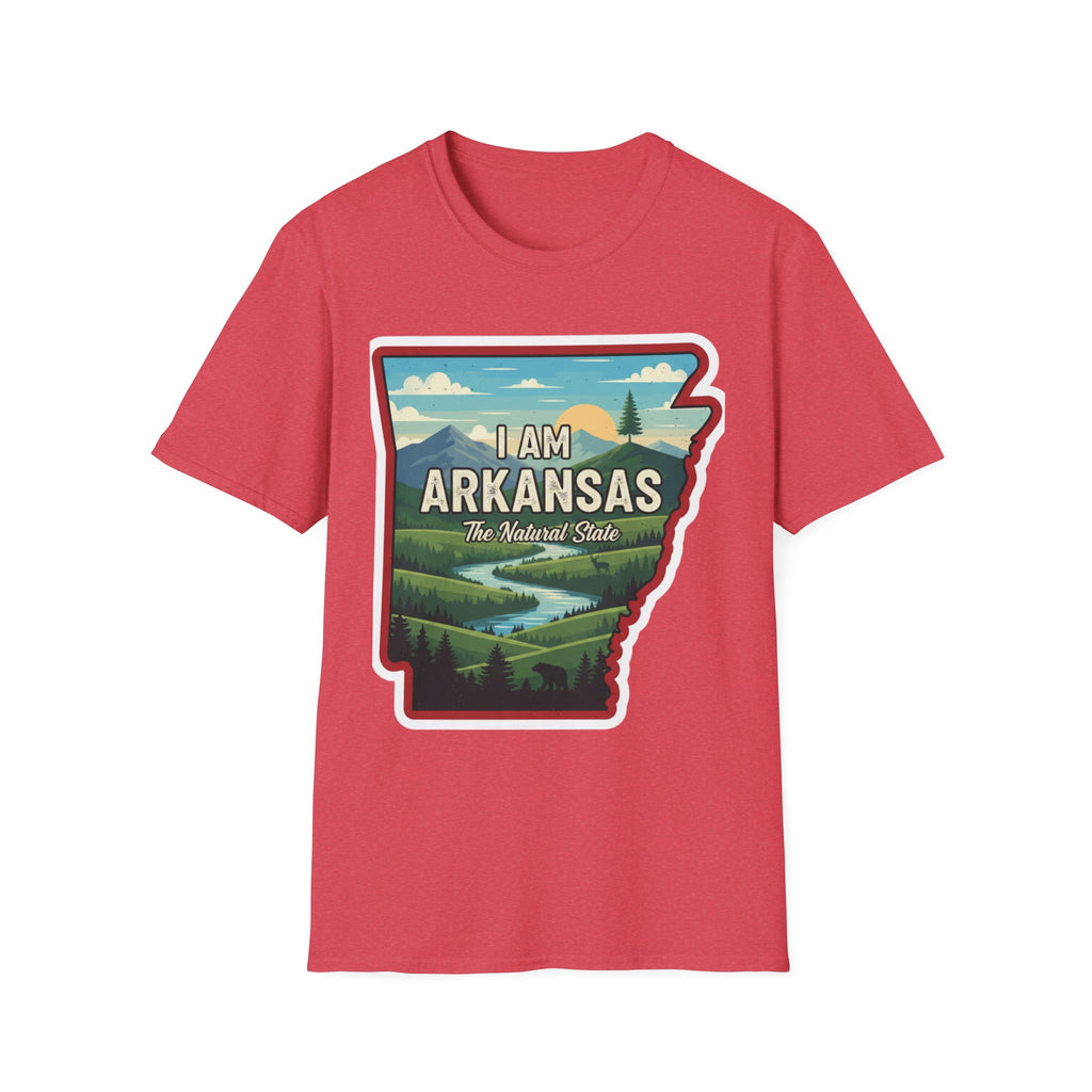 I AM Arkansas T-shirt in red heather with state-shaped landscape graphic and text