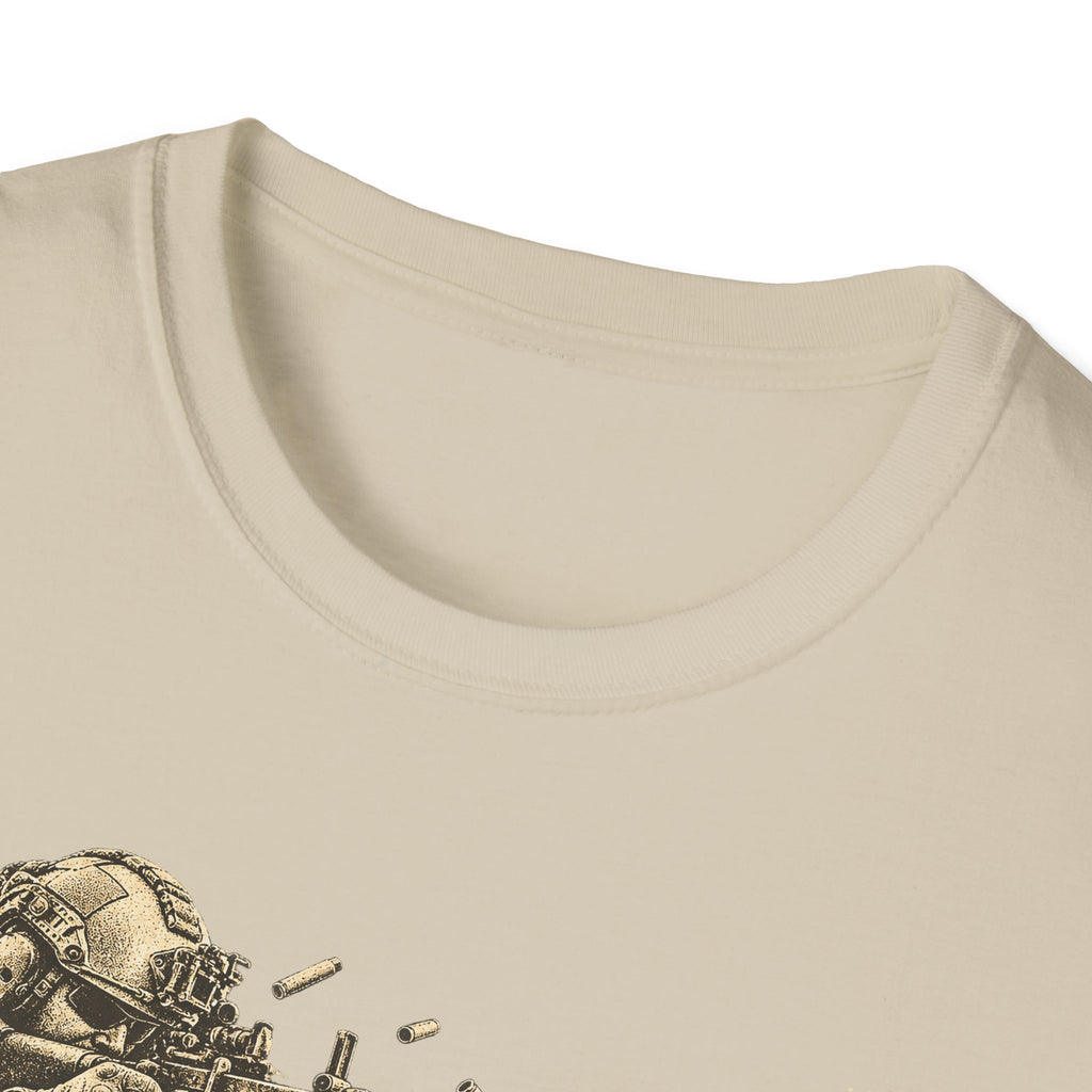 Beige crewneck T-shirt with partial vintage military gunner graphic print at hemline