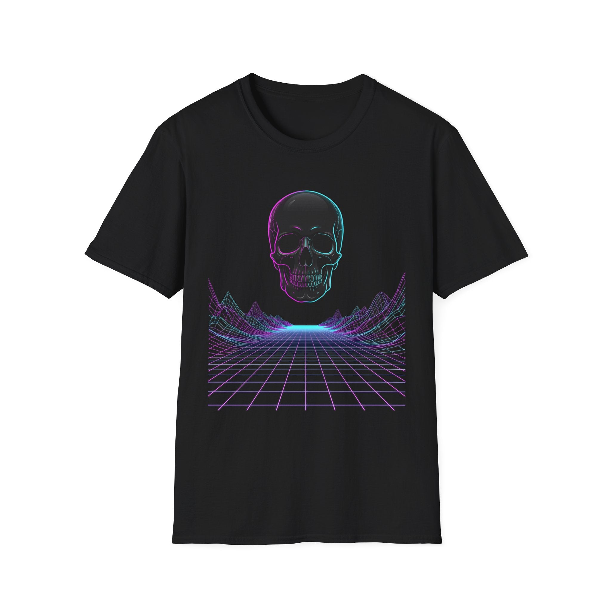 Neon skull T-shirt, black front with glowing neon skull and purple grid lines