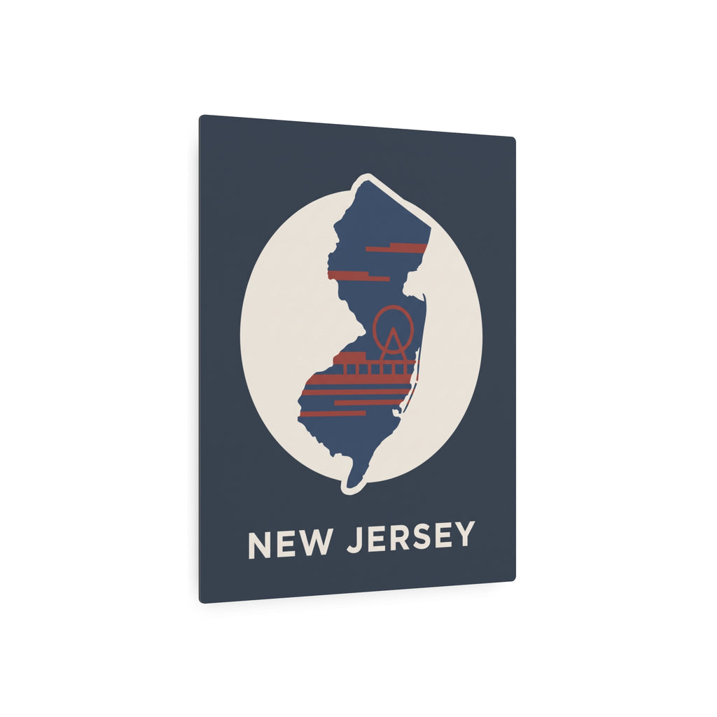 Metal New Jersey state sign, dark blue square with white oval silhouette and “NEW JERSEY”