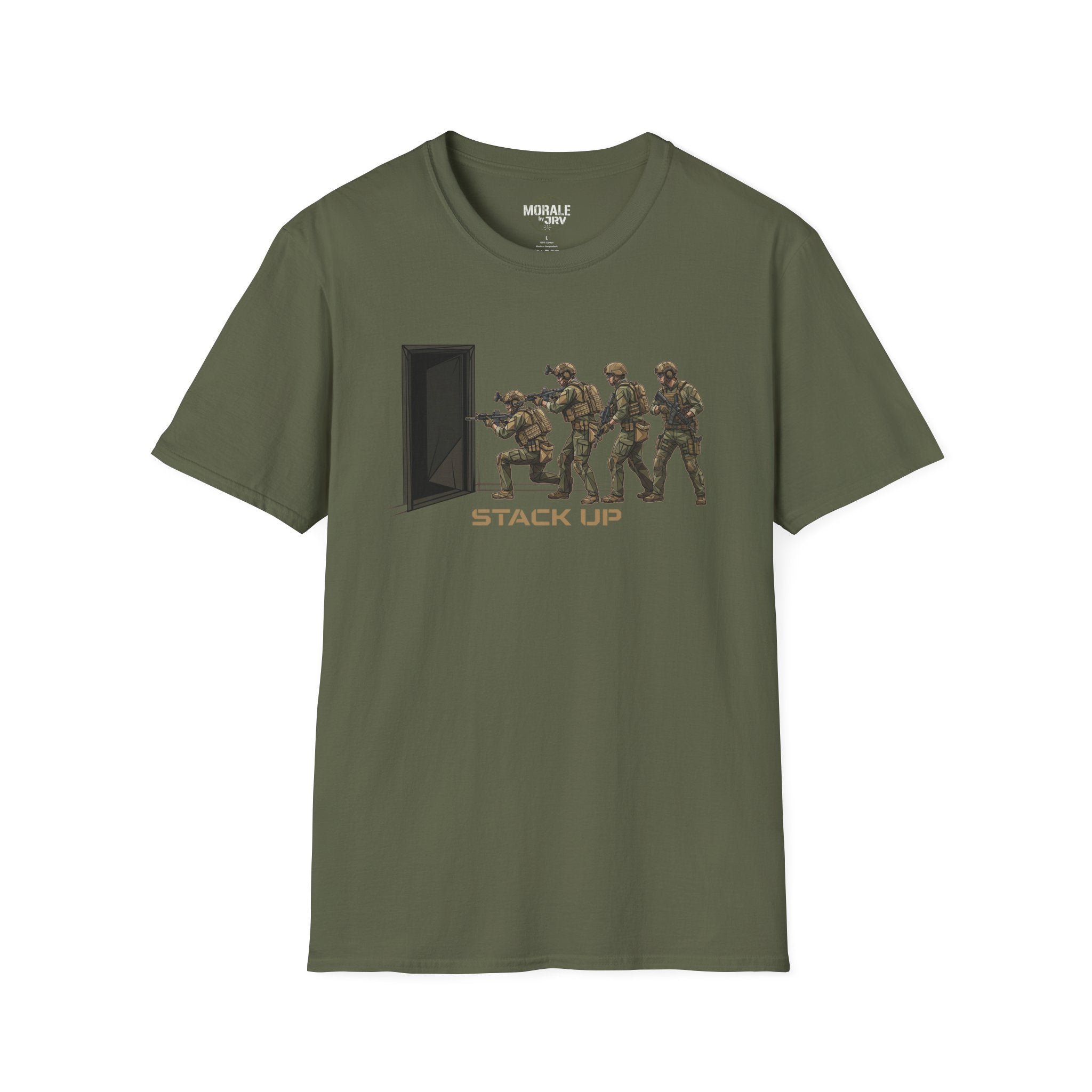 Military green T-shirt with “Stack Up” tactical door breach soldier graphic