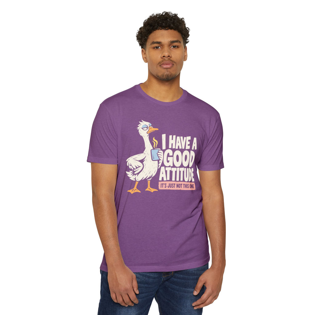 Purple crew-neck T-shirt with rooster graphic and 'I have a good attitude' text