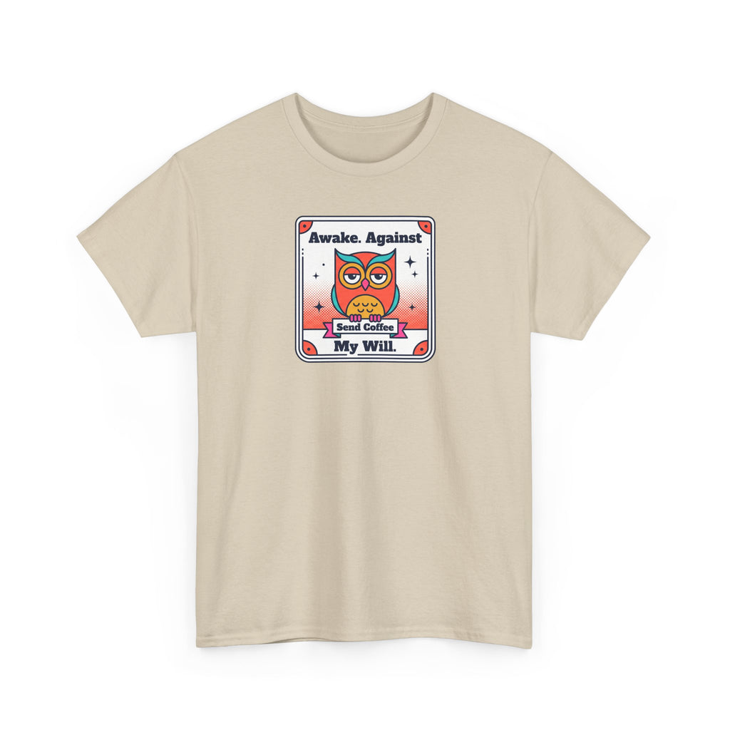 Sand T-shirt with crew neck and owl coffee graphic on the front.