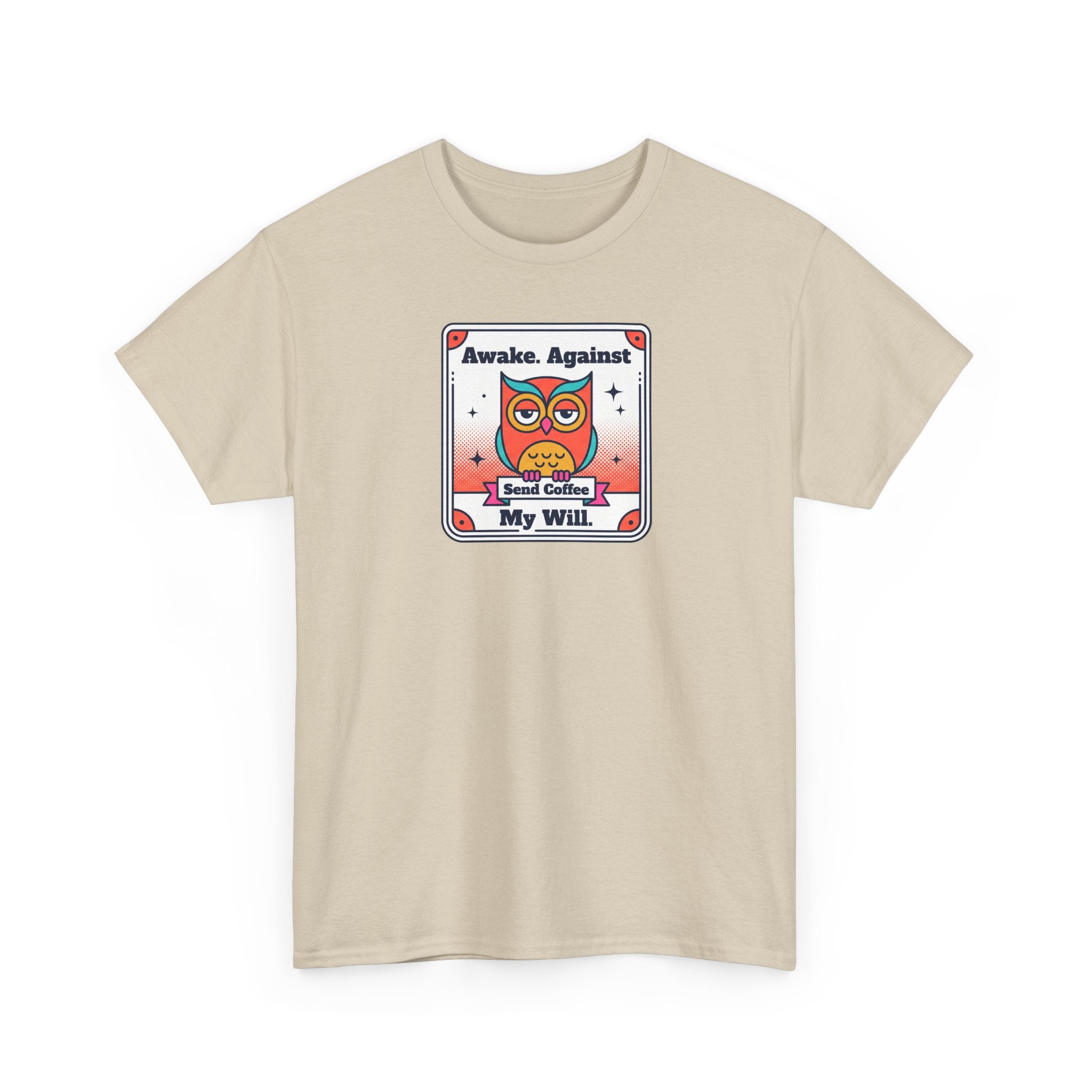 Sand T-shirt with crew neck and owl coffee graphic on the front.