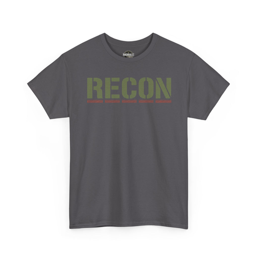 Stencil text T-shirt in charcoal with large RECON graphic and red underline