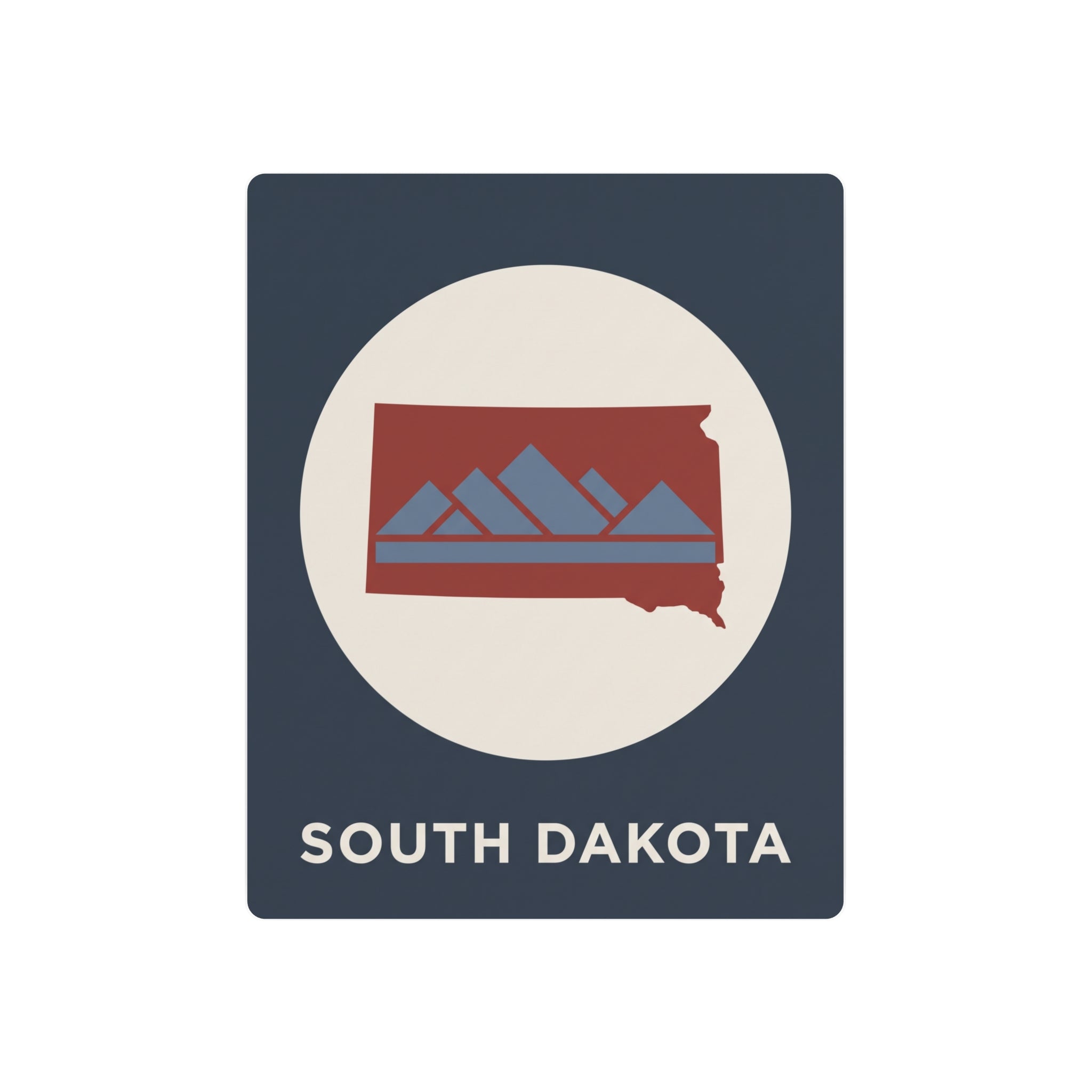 South Dakota metal art sign with circular emblem, red mountains on dark blue background