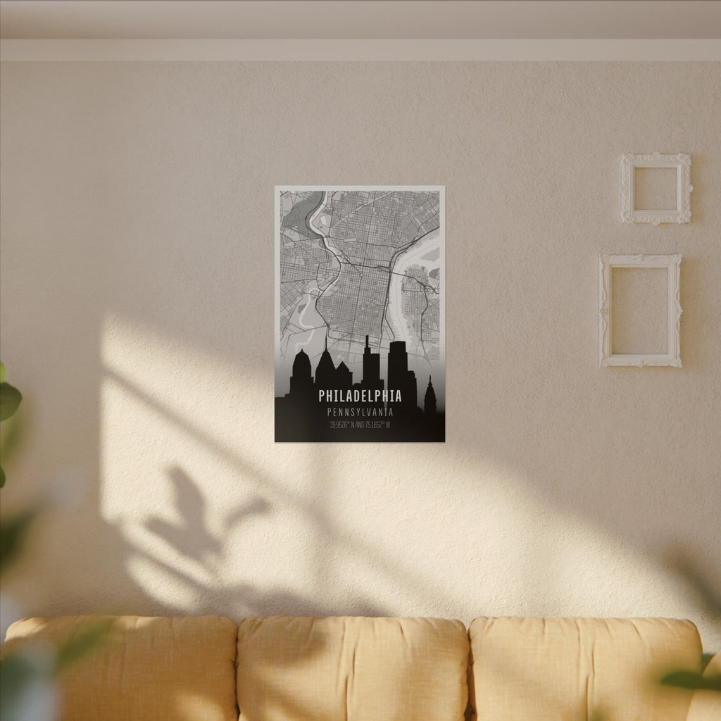 Stretched Philadelphia skyline map canvas mounted on wall with skyline silhouette