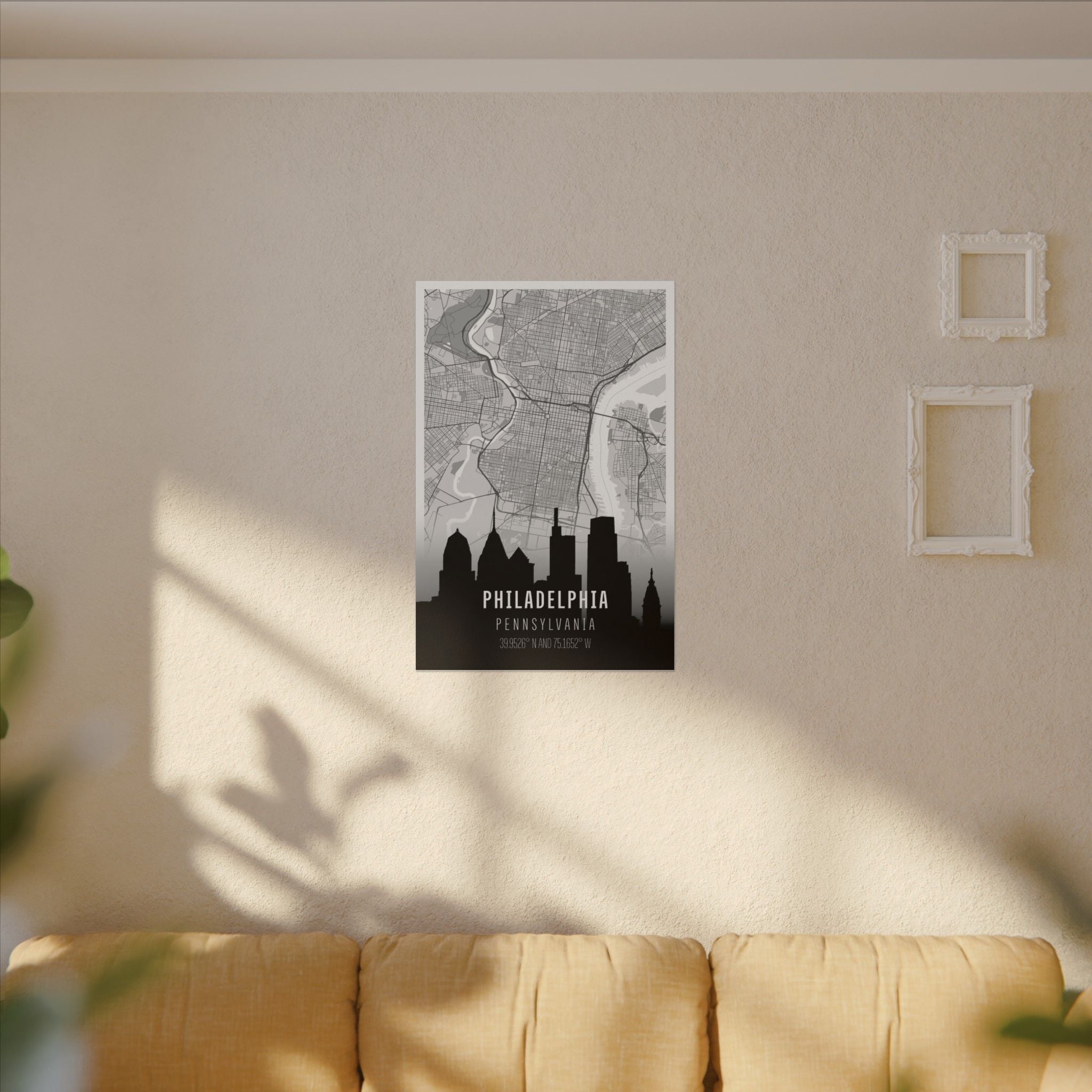 Stretched Philadelphia skyline map canvas mounted on wall with skyline silhouette