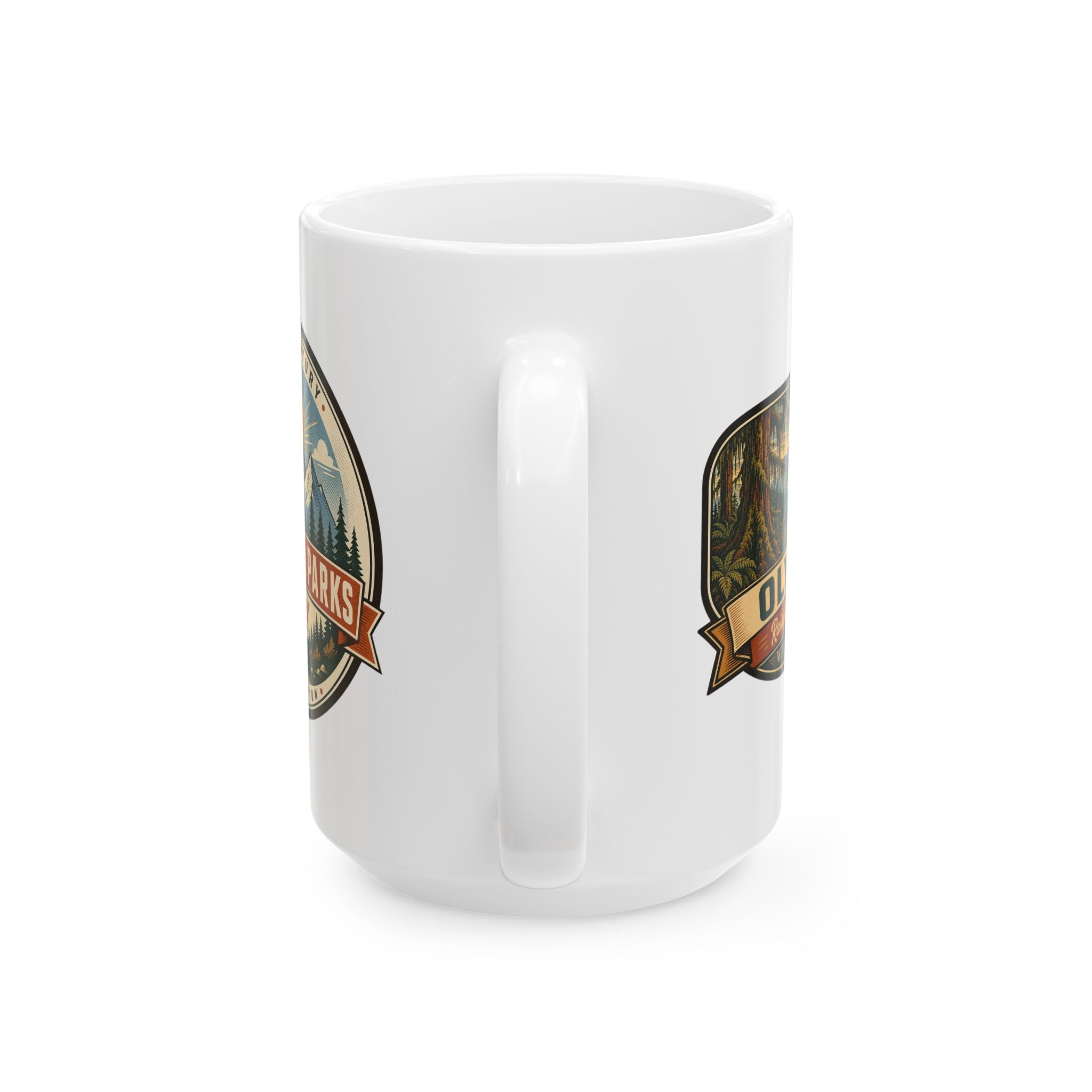 White ceramic coffee mug with two side park badge graphics, handle not shown
