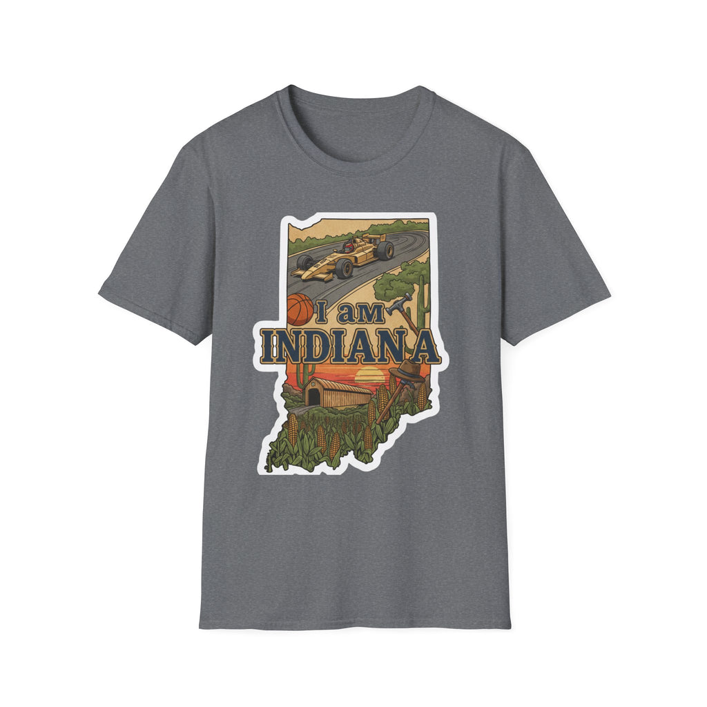 Graphite heather I Am Indiana T-shirt with Indiana outline design, race car and basketball