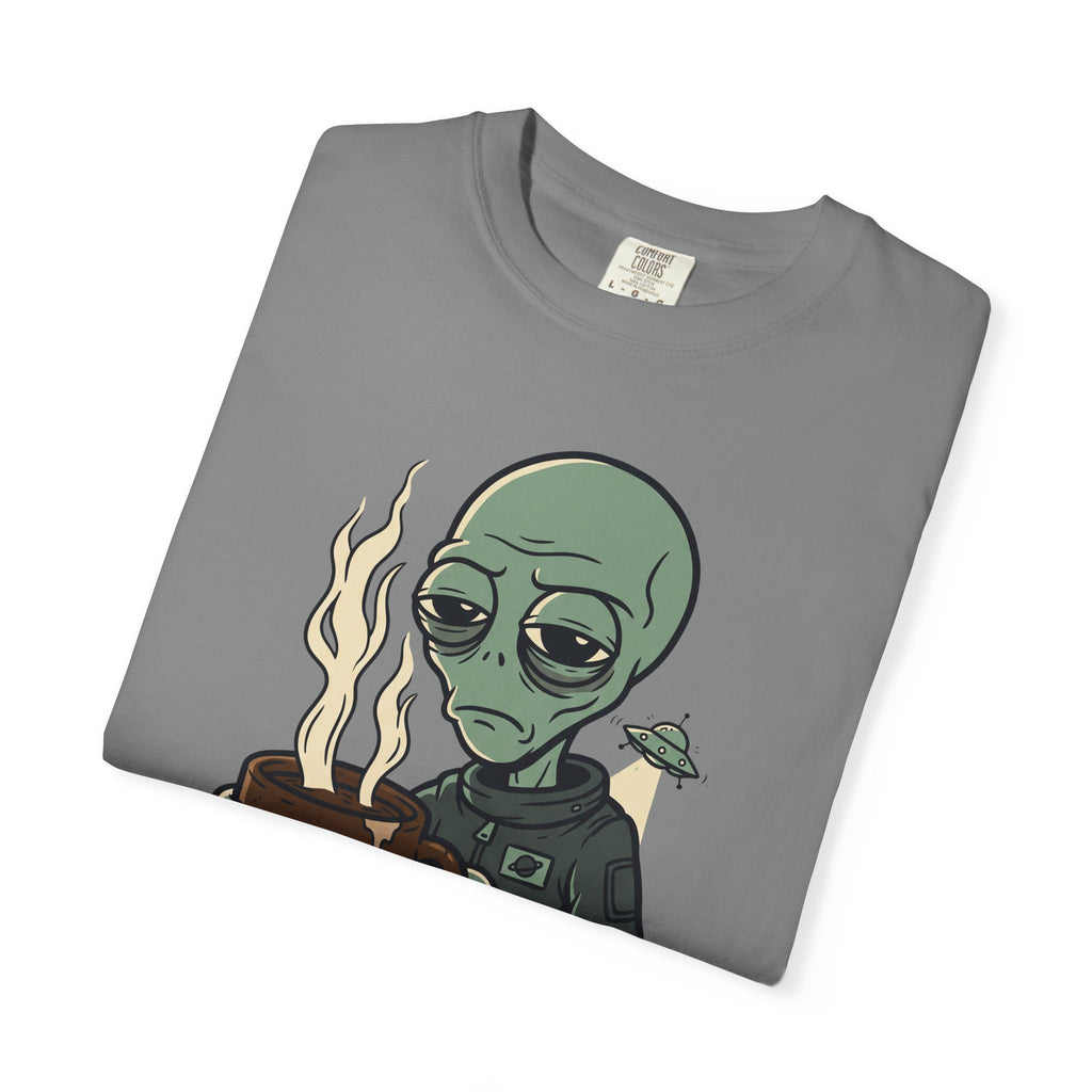 Dark gray short-sleeve T-shirt with alien and coffee “PROBE ME” graphic on chest