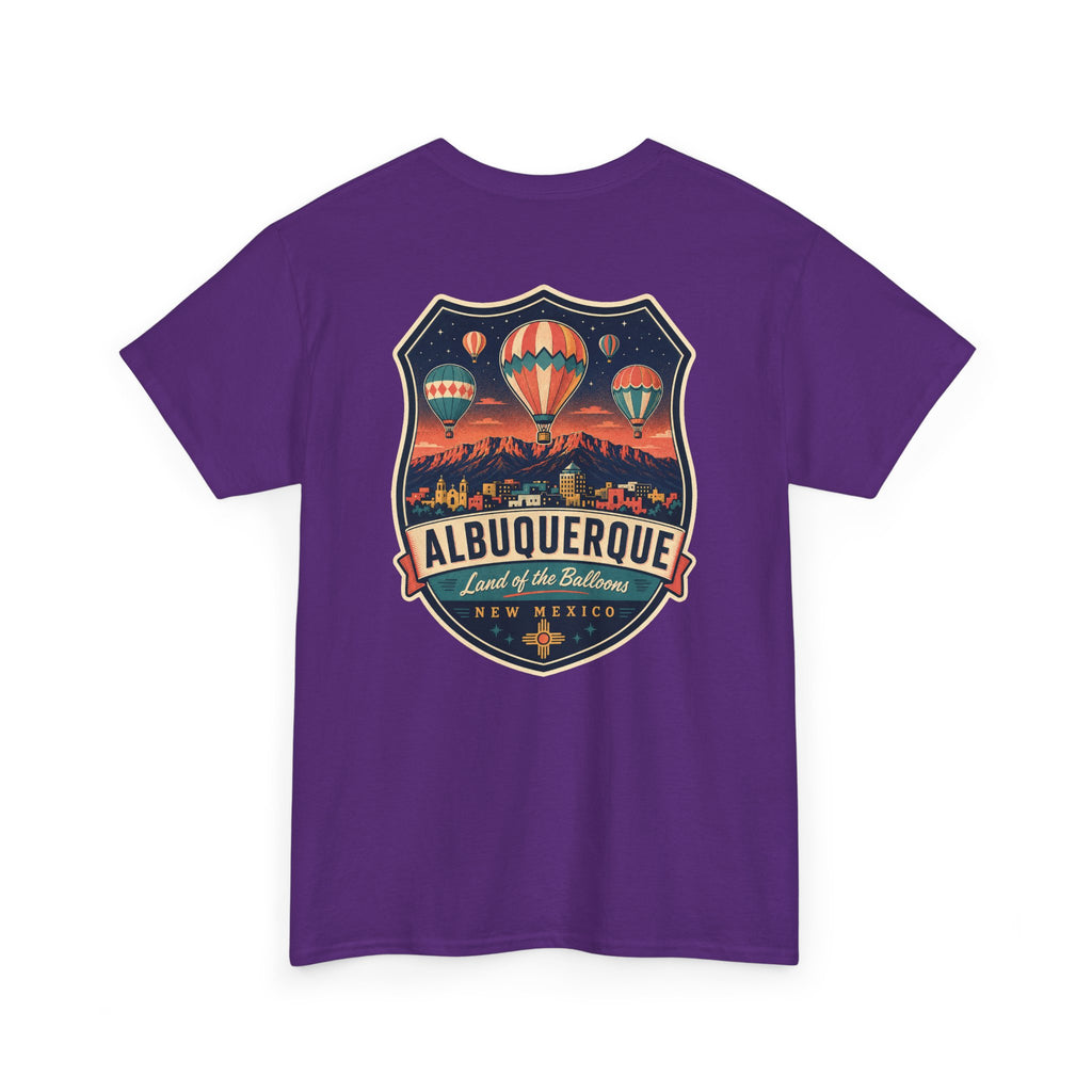Purple T-shirt with Albuquerque hot air balloon badge graphic on chest