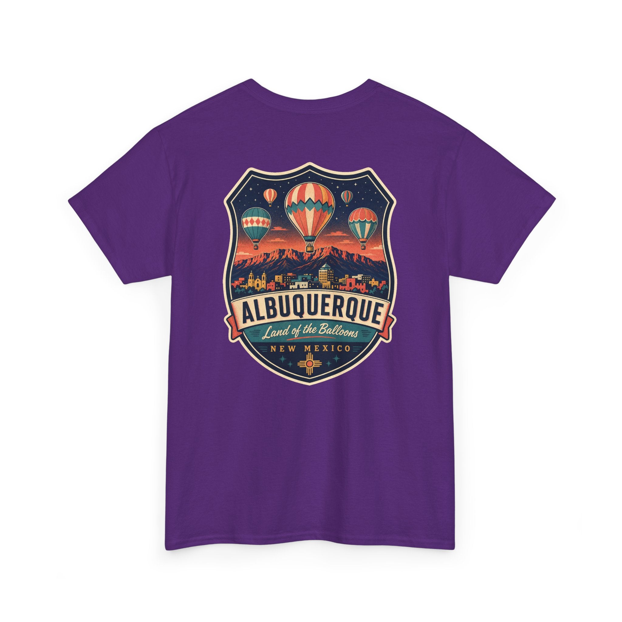 Purple T-shirt with Albuquerque hot air balloon badge graphic on chest