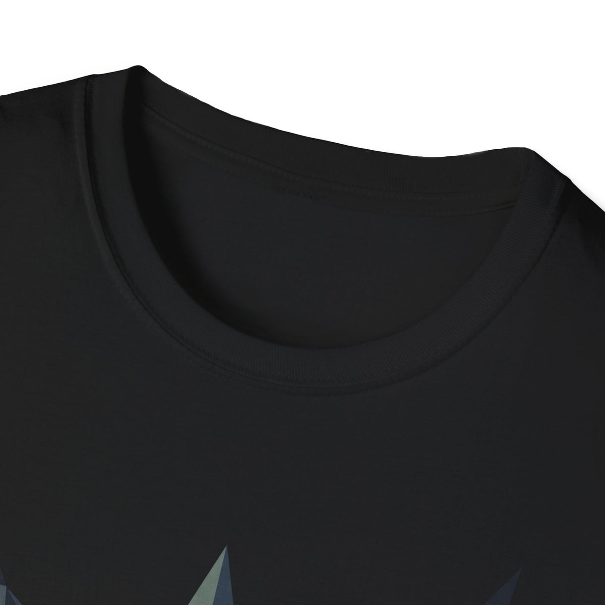 Black crew-neck t-shirt collar and neckline seam, close-up