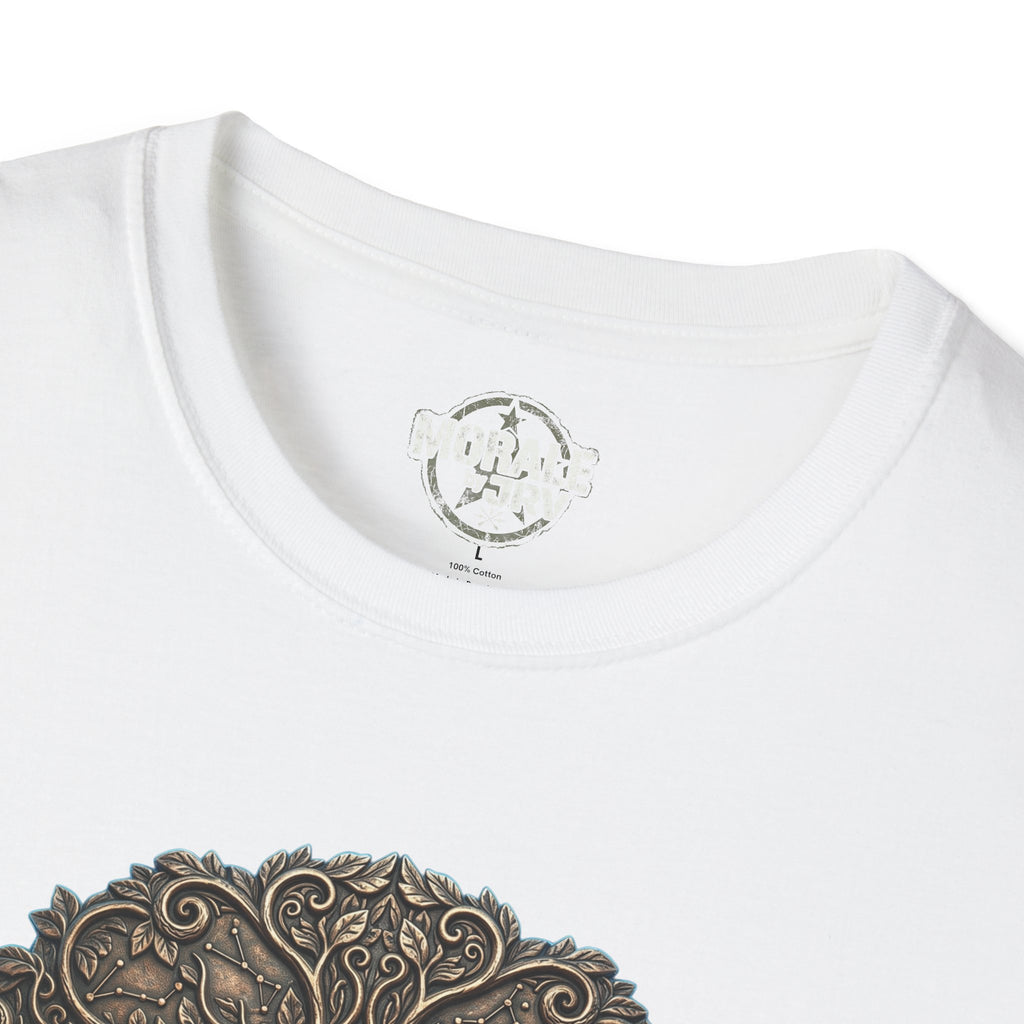 White T-shirt collar and partial Tree of Life knotwork graphic detail