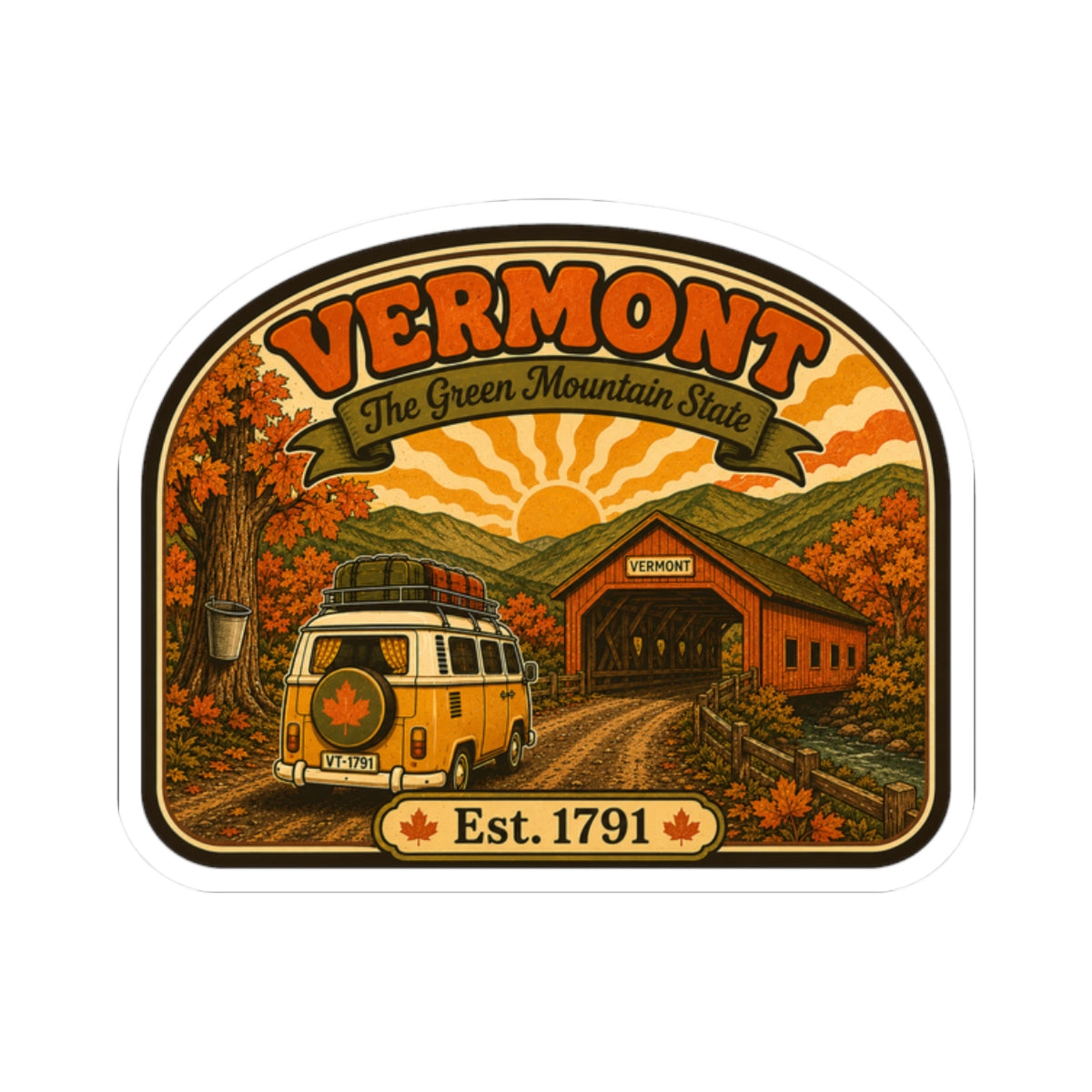 Vermont arched travel decal with van, covered bridge, autumn trees, and Est. 1791