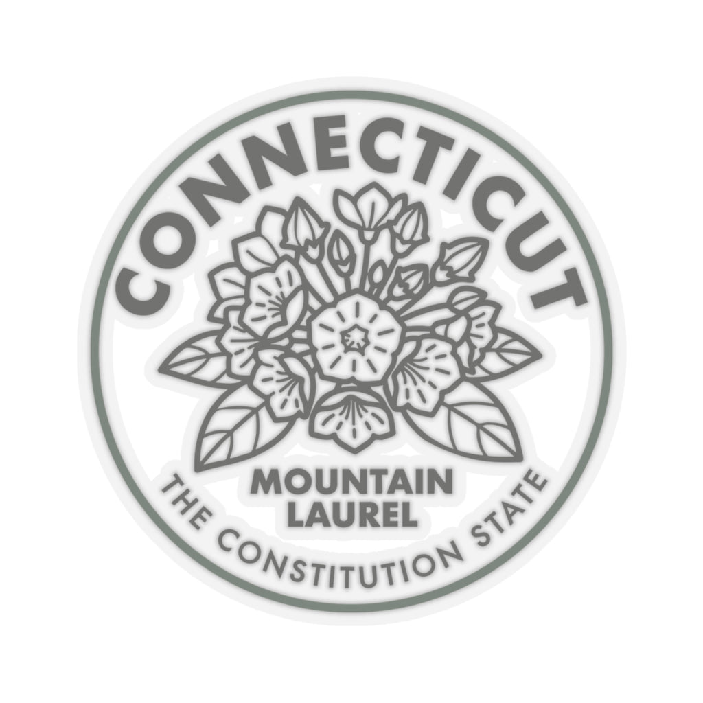 Circular transparent vinyl decal featuring mountain laurel floral illustration with Connecticut wording