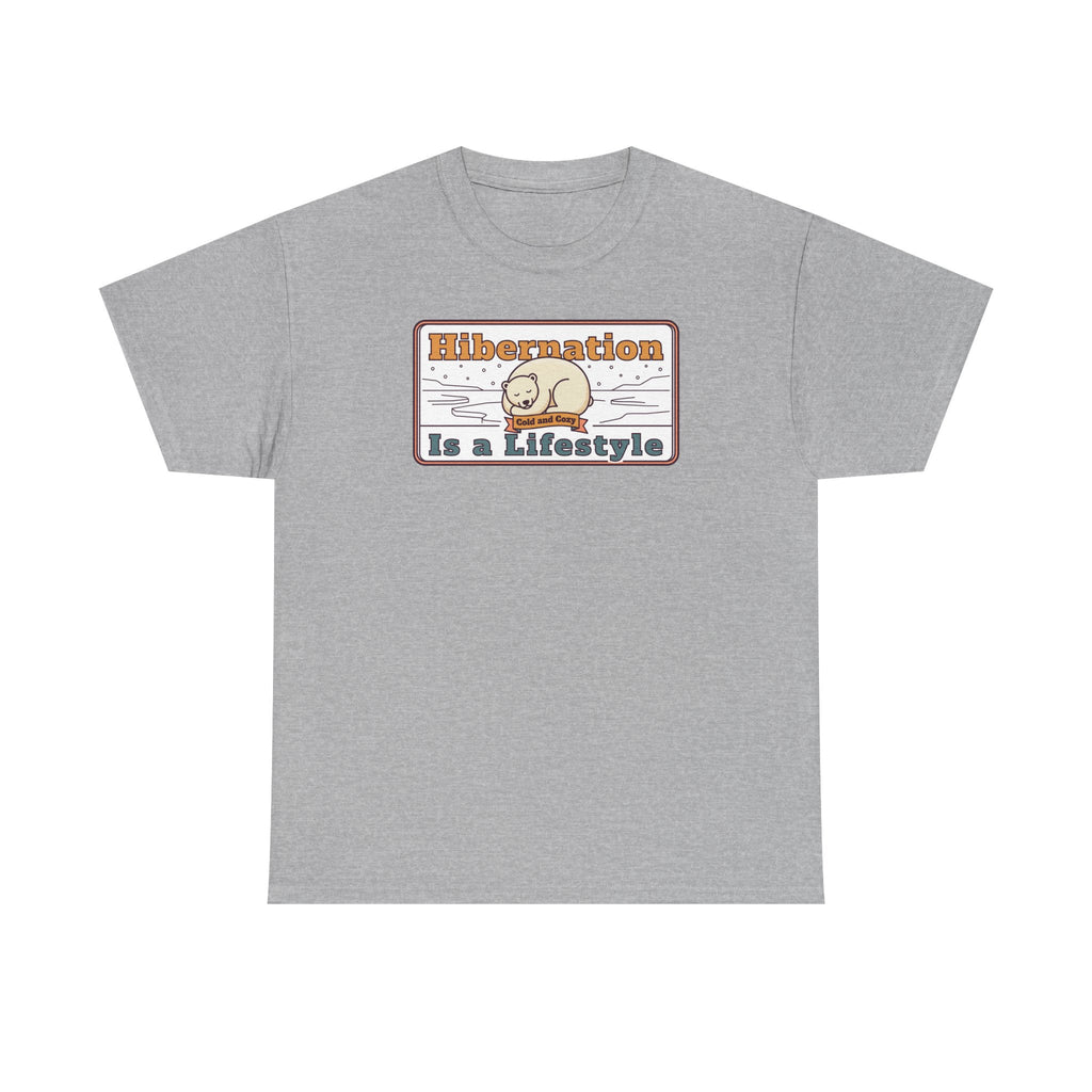 Heather gray crew-neck T-shirt with “Hibernation Is a Lifestyle” sloth graphic on chest