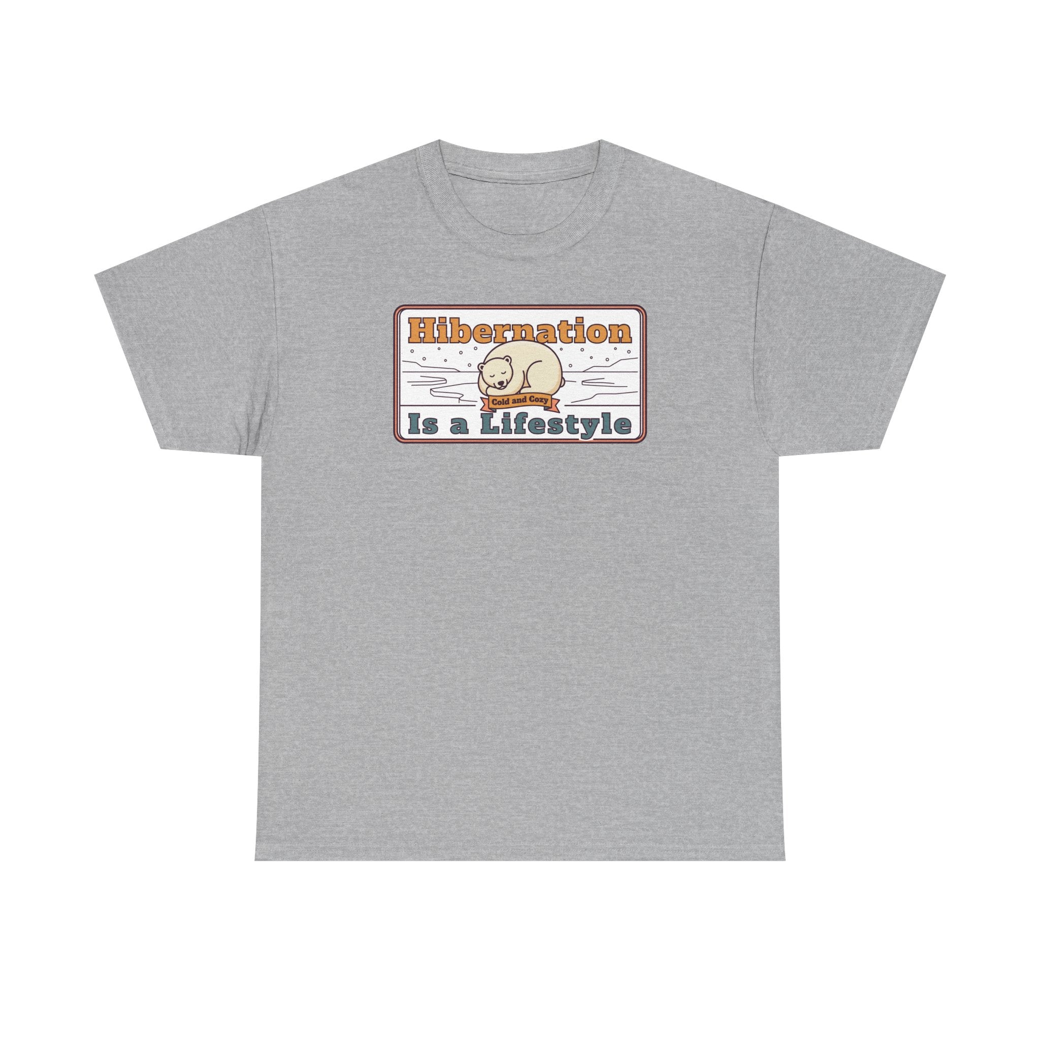 Heather gray crew-neck T-shirt with “Hibernation Is a Lifestyle” sloth graphic on chest