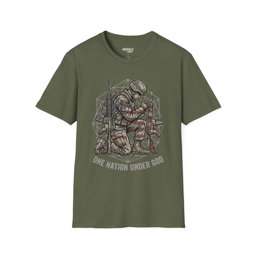 Military green T-shirt with praying soldier geometric illustration