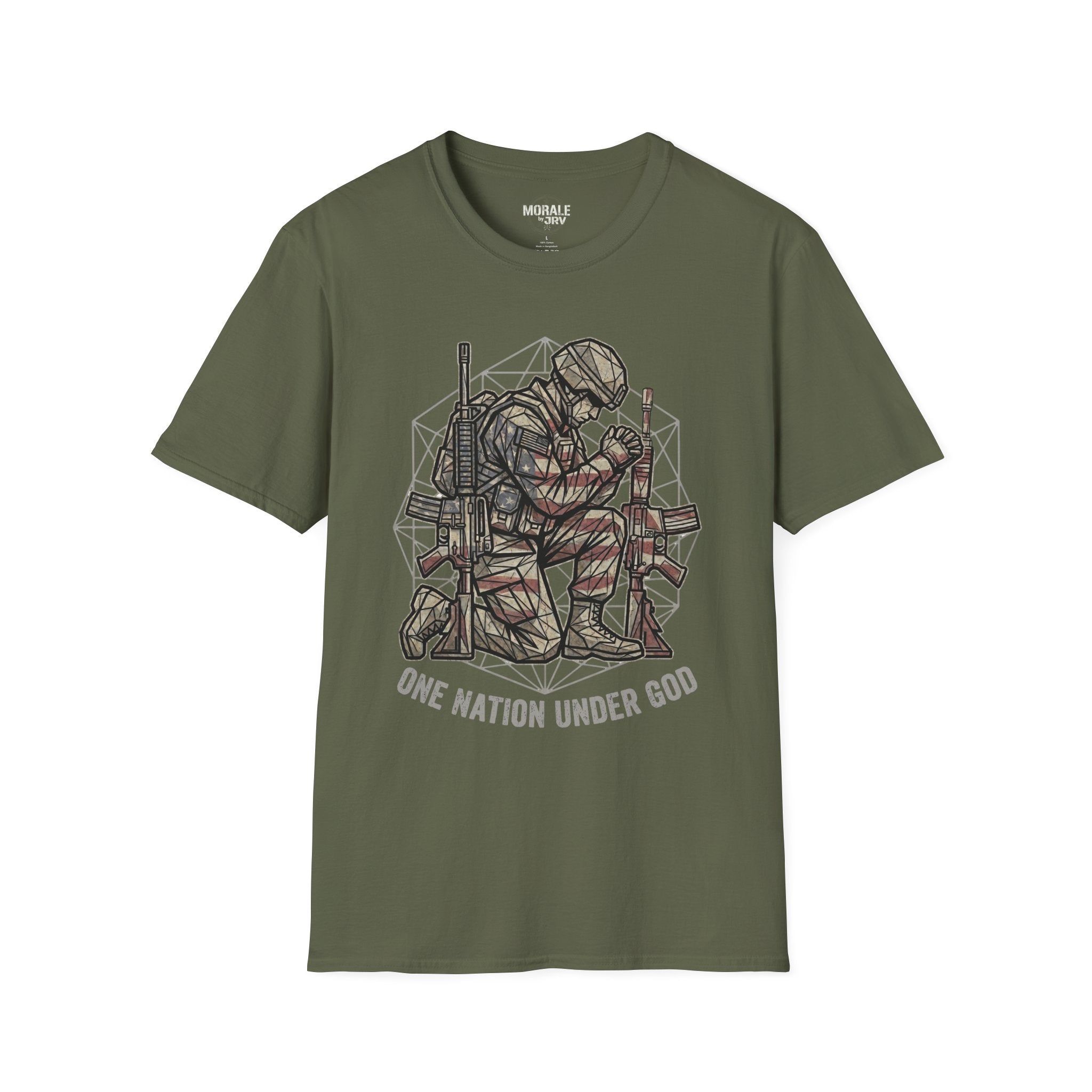 Military green T-shirt with praying soldier geometric illustration
