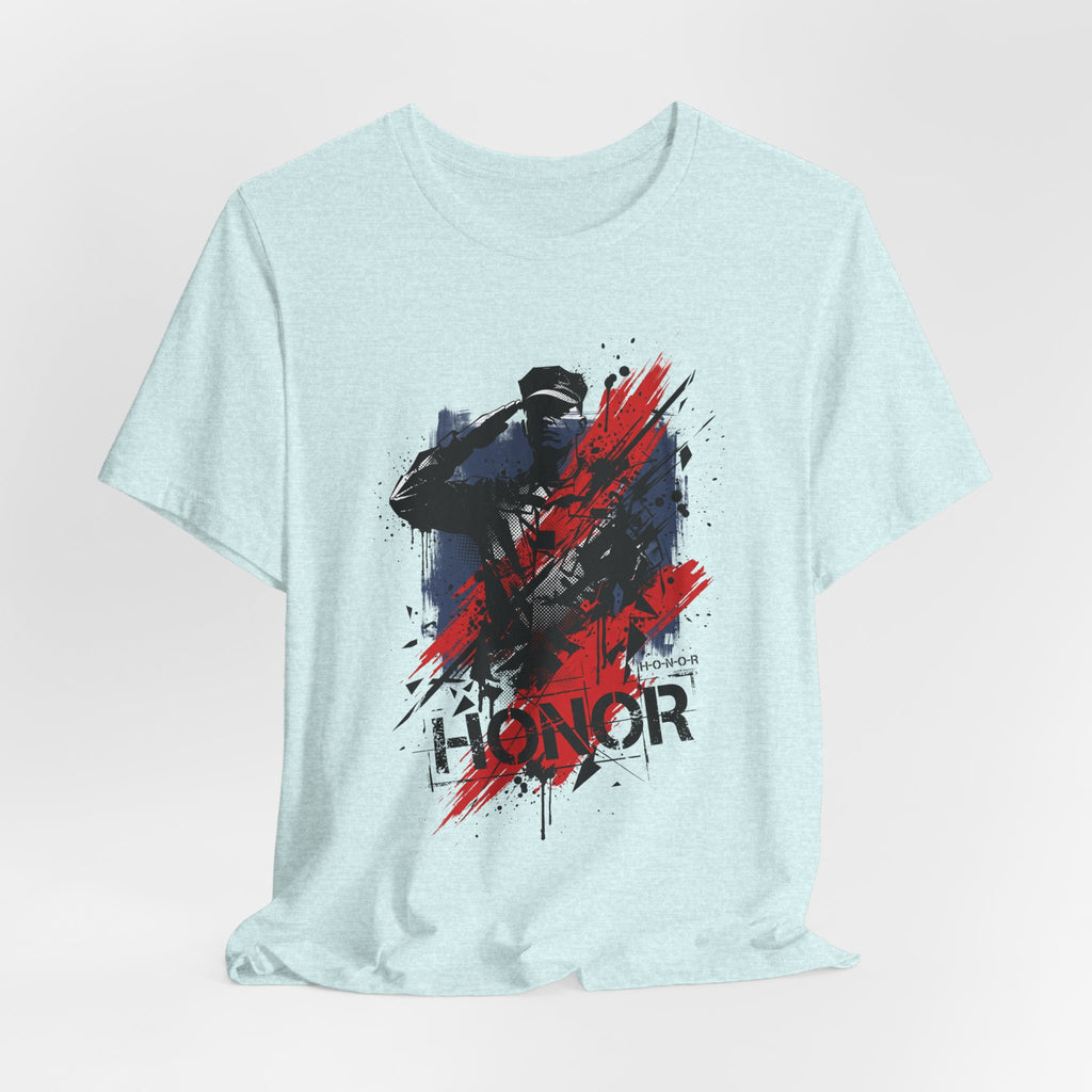 Light blue crewneck T-shirt with centered soldier silhouette graphic in red and black