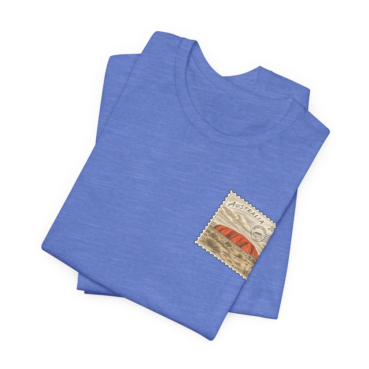 Heather blue travel t-shirt, folded pair, with Australia postage stamp graphic on chest