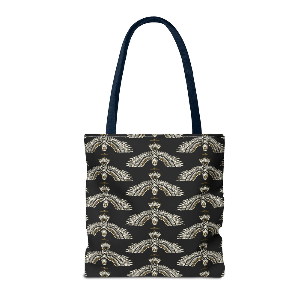 Black tote bag with repeating winged scarab motif in pale gold; square front panel