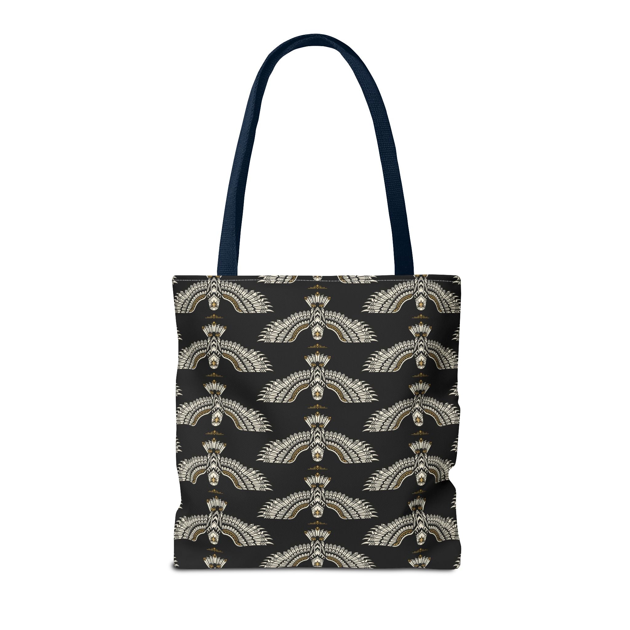 Black tote bag with repeating winged scarab motif in pale gold; square front panel