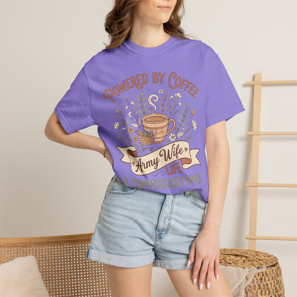 Light purple T-shirt on model with "Powered by Coffee" coffee cup print