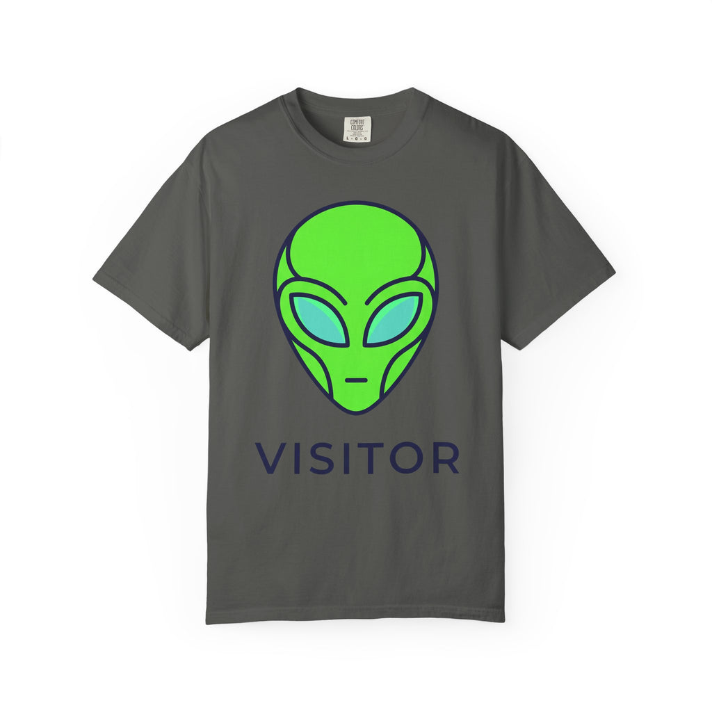 Dark gray T-shirt with neon green alien head graphic and word VISITOR