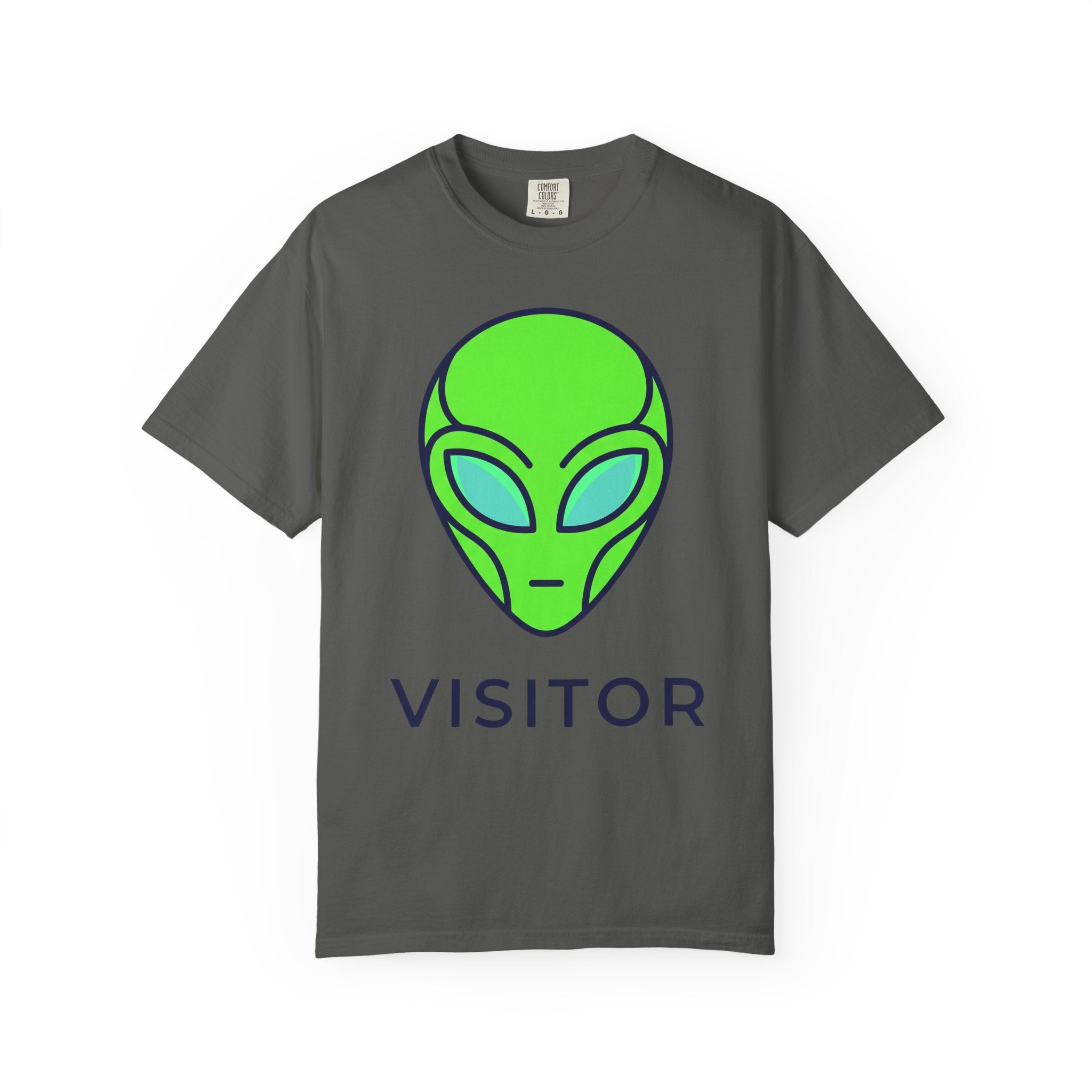 Dark gray T-shirt with neon green alien head graphic and word VISITOR