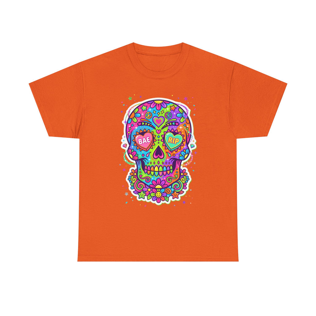 Orange T-shirt with colorful sugar skull graphic, BAE & RIP heart eyes