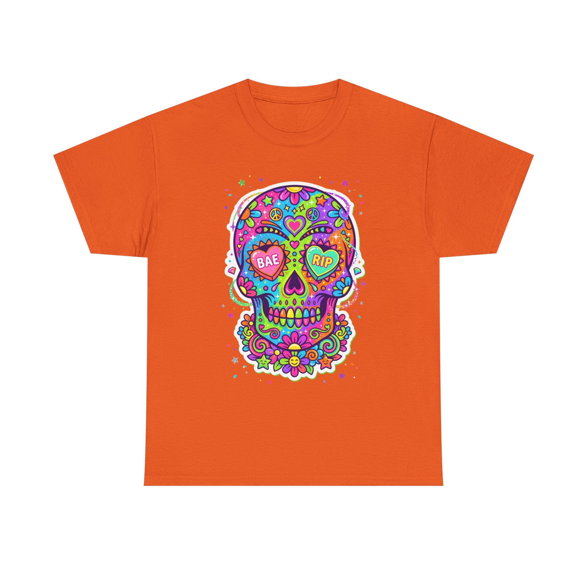 Orange T-shirt with colorful sugar skull graphic, BAE & RIP heart eyes